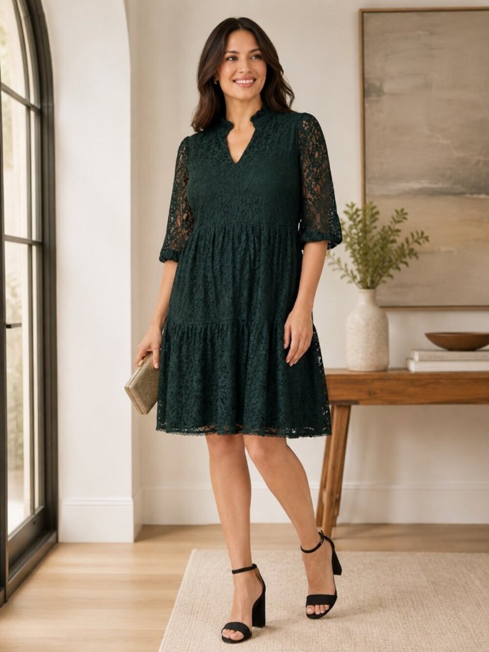 Jessica Howard Plus Size 14W Deep Green Lace Tiered Cocktail Mini Dress NWT